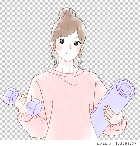 Woman with dumbbells and yoga mat watercolor illustration 133568557