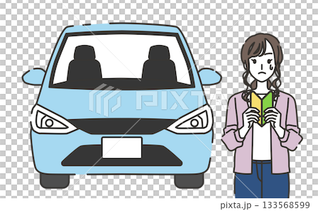 運転に不安を感じる初心者ドライバーの女性と車のイラスト 133568599