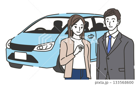 自動車購入を案内する男性と女性のイラスト 133568600