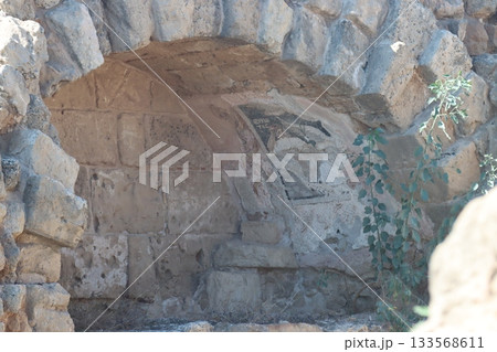 Salamis ruderi romani cipro ancient roman fresco fragment surviving on stone wall. Salamis ruderi romani cipro 133568611