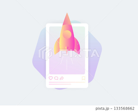 Social media viral marketing rocket launches brand growth as social media viral strategy ignites shares, likes and audience buzz with influencer marketing 2026 engagement surges. Vector illustration 133568662