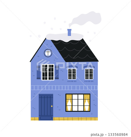 Cozy Winter House Facade Illustration with Snow-Covered Roof and Glowing Windows Cozy Winter House Facade Illustration with Snow-Covered Roof and Glowing Windows 133568984