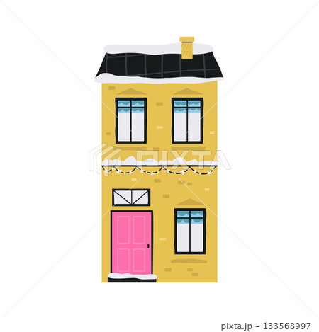Cute Cartoon Yellow Christmas House Facade with Pink Door, Snow, and Festive Lights. Cute Cartoon Yellow Christmas House Facade with Pink Door, Snow, and Festive Lights. 133568997