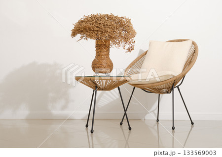 Stylish interior with a rattan chair and decorative dried flowers in a contemporary setting 133569003