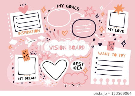 Blank vision board. Mood and dreams notes template, to do list, goals planner, inscriptions place, notebook sheet template, doodle collage style, cartoon flat isolated garish vector set 133569064