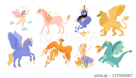 Cartoon mythical creatures. Fabulous characters, fairytale animals and people, jin, fairy, dragon, legendary folklore phoenix and pegasus, mermaid and unicorn garish vector isolated set 133569067