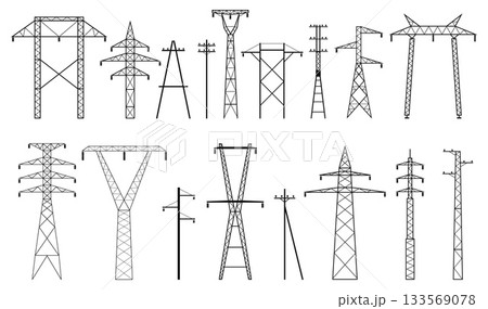Electric poles. Different types voltage pylons with wires, electric lines, energy transmission, high voltage tower constructions, equipment qualitative vector black silhouette isolated set Electric poles. Different types voltage pylons with wires, electric lines, energy transmission, high voltage tower constructions, equipment qualitative vector black silhouette isolated set 133569078
