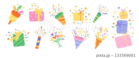 Festive party elements. Birthday celebration decorations, firecrackers, poppers with confetti, gifts in patterned wrapper, doodle isolated elements. New Year and Christmas garish vector set Festive party elements. Birthday celebration decorations, firecrackers, poppers with confetti, gifts in patterned wrapper, doodle isolated elements. New Year and Christmas garish vector set 133569081