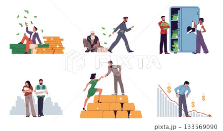 Poor and rich people. Different salary, billionaire, homeless family, gold coins and bullion, green banknotes, material values. Business bankrupt. Nowaday vector cartoon flat isolated set 133569090