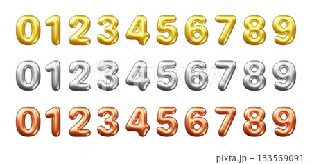Realistic 3d metal numbers. Silver, gold and copper signs, steel helium balloons, decorative birthday party typography, rounded shapes, metallic celebration elements, classy vector isolated set Realistic 3d metal numbers. Silver, gold and copper signs, steel helium balloons, decorative birthday party typography, rounded shapes, metallic celebration elements, classy vector isolated set 133569091