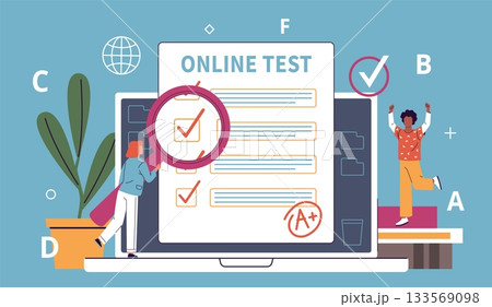 Successful test completion. Modern education, students take online exam, choosing right option, happy people rejoice, huge computer and tiny people cartoon nowaday vector concept 133569098