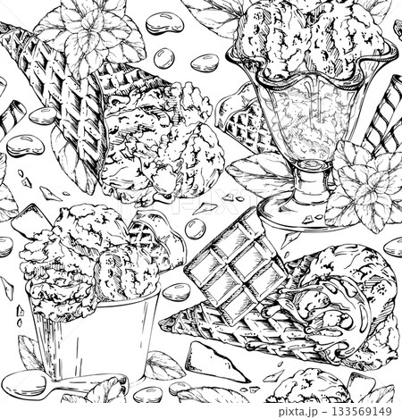 Waffle rolls, syrup drizzle topping on chocolate chip gelato in cone, plastic cup, glass dish hand drawn in ink. Vector graphic seamless pattern line illustration. Picnic decor, frozen product sheet 133569149