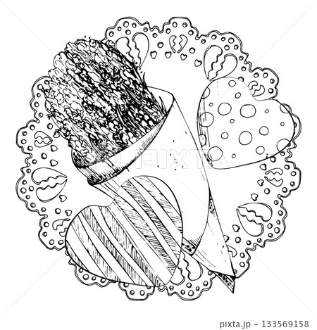 Round paper doily with lace trim, romantic lavender bouquet in rustic cone of natural kraft paper, striped and dotted hearts. Isolated illustration hand drawn in vector ink. Wedding florist shop 133569158