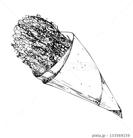 Craft paper cone of lavender lavandula flowers bundle bouquet hand drawn in vector ink. French Provence rustic style. Single object isolated illustration. Romance themes, boutique logo, artisan crafts Craft paper cone of lavender lavandula flowers bundle bouquet hand drawn in vector ink. French Provence rustic style. Single object isolated illustration. Romance themes, boutique logo, artisan crafts 133569159