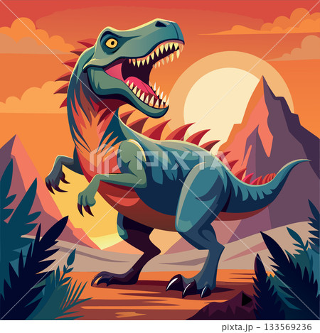 Furious tyrannosaurus rex roaring in a mountainous landscape at sunset Furious tyrannosaurus rex roaring in a mountainous landscape at sunset 133569236