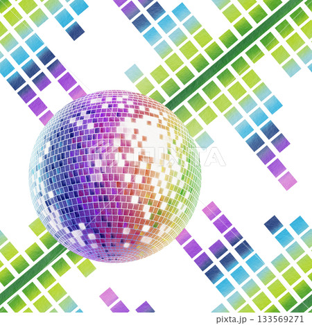 Retro disco ball and music equalizer in rainbow color in the style of 80s and 90s as a disco symbol.Watercolor illustration for flyers,posters,theme party cards Retro disco ball and music equalizer in rainbow color in the style of 80s and 90s as a disco symbol.Watercolor illustration for flyers,posters,theme party cards 133569271