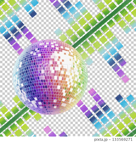 Retro disco ball and music equalizer in rainbow color in the style of 80s and 90s as a disco symbol.Watercolor illustration for flyers,posters,theme party cards 133569271