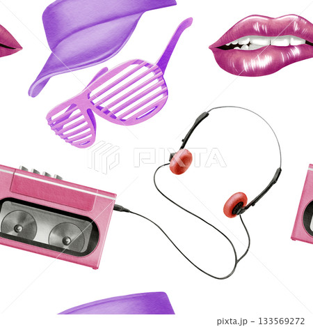 Retro seamless pattern Portable 80s, 90s style retro cassette player in pink color,headphones,trendy shutter glasses and sun visor,pink sexy woman lips with lipgloss.Watercolor illustration 133569272