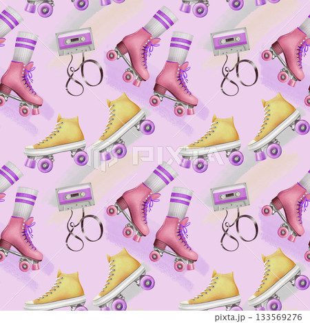 Two pairs of retro style roller skates in yellow and pink colors with white socks and purple wheels in a movement,cassette from portable retro player as symbols of 80s 90s,nostalgia and youth 133569276