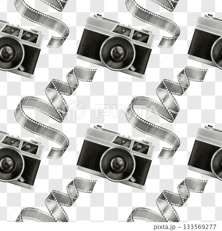 Retro camera,Photo film for analog camera in seamless pattern.Hand drawn watercolor illustration in black and white graphics as a symbol of 80s,90s for packaging,stationery 133569277