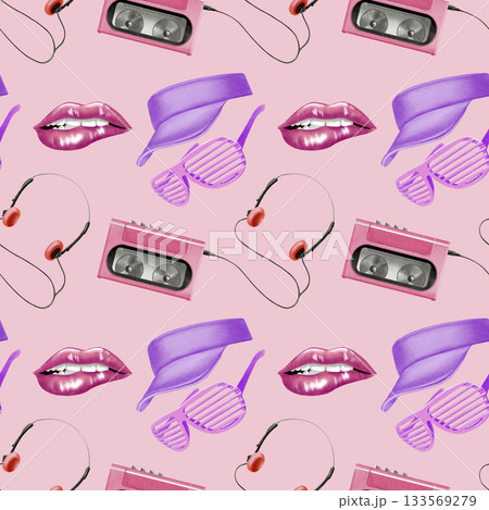 Retro seamless pattern Portable 80s, 90s style retro cassette player in pink color,headphones,trendy shutter glasses and sun visor,pink sexy woman lips with lipgloss.Watercolor illustration 133569279