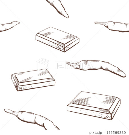 Vector chocolate bars with with hot pepper in black and white seamless pattern.Minimalist illustration for packaging, branding, food design, and print projects. Clean, elegant, modern style 133569280