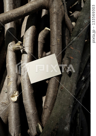 Real photography blank paper card mock up design on brown logs outdoors texture natural background 133569303
