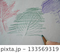 落ち葉に紙を乗せ色鉛筆で擦って浮かび上がらせた輪郭と葉脈の模様 133569319