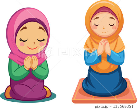 Two muslim girls praying wearing hijab illustration Two muslim girls praying wearing hijab illustration 133569351
