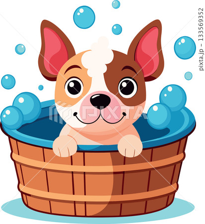 Cute french bulldog puppy taking a bath in a wooden basin 133569352