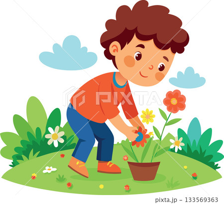 Boy planting flowers in the garden illustration Boy planting flowers in the garden illustration 133569363