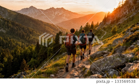 Group Hiking Together Mountain Trail Outdoor Adventure 133569538