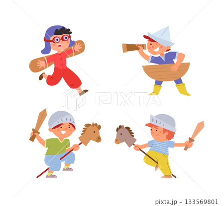 Boys dressed up in knights, sailor and pilot. Happy Kids play wooden swords, run with handmade airplane wings, looking through toy telescope in sailors hat Boys dressed up in knights, sailor and pilot. Happy Kids play wooden swords, run with handmade airplane wings, looking through toy telescope in sailors hat 133569801