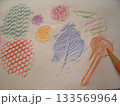 色鉛筆で様々な物の模様をカラフルにフロッタージュ 133569964