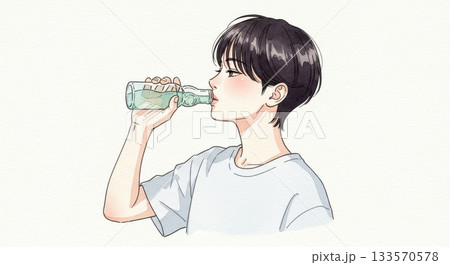 ガラス瓶のラムネを飲む男性イラスト  133570578
