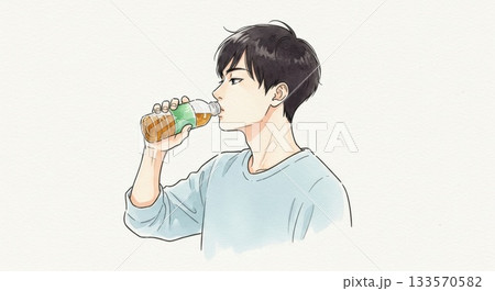 ガラス瓶のラムネを飲む男性イラスト  133570582