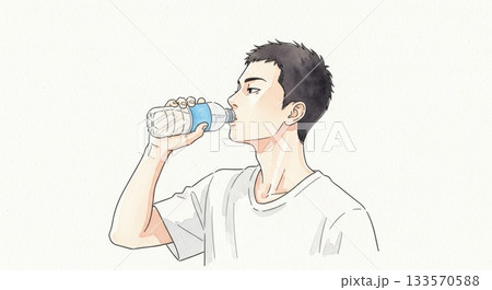 ガラス瓶のラムネを飲む男性イラスト  133570588