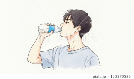 ガラス瓶のラムネを飲む男性イラスト  133570589