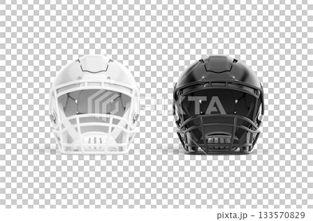 Blank black and white american football helmet mockup, png, transparent background, 3d rendering. Empty protective hard hat for guard player mock up, cut out. 133570829