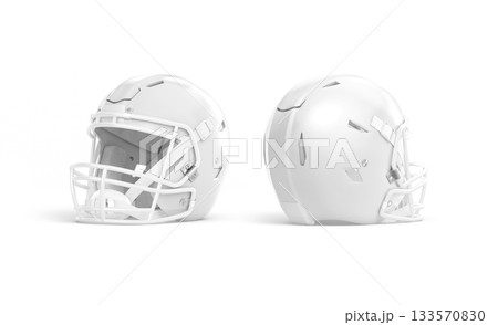 Blank white american football helmet mockup, side view, front back, png, transparent background, 3d rendering. Empty full face protective casque mock up cut out. 133570830