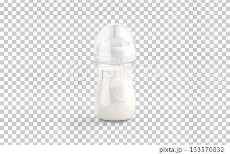 Blank white plastic baby bottle with milk mockup, png, transparent background, 3d rendering. Empty childcare drink botle with milky flow mock up, cut out. 133570832