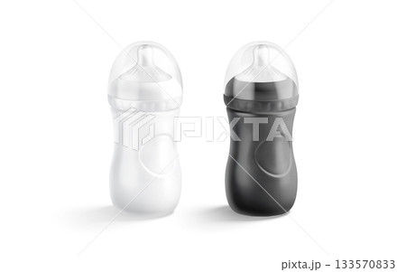 Blank black and white plastic baby bottle mockup, png, transparent background, 3d rendering. Empty anti-colic nursery container with milky beverage mock up, cut out. Blank black and white plastic baby bottle mockup, png, transparent background, 3d rendering. Empty anti-colic nursery container with milky beverage mock up, cut out. 133570833
