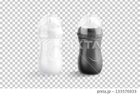 Blank black and white plastic baby bottle mockup, png, transparent background, 3d rendering. Empty anti-colic nursery container with milky beverage mock up, cut out. Blank black and white plastic baby bottle mockup, png, transparent background, 3d rendering. Empty anti-colic nursery container with milky beverage mock up, cut out. 133570833