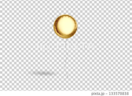 Blank gold round balloon flying mockup, png, transparent background, 3d rendering. Empty circle decor levitation balone with ribbon mock up, cut out. 133570838