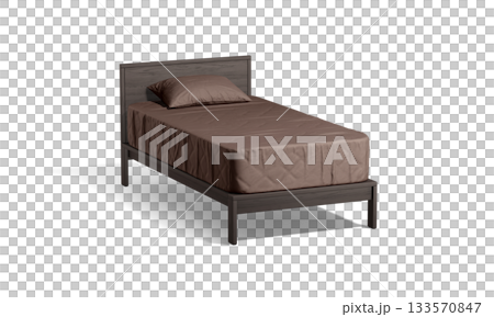 Blank wooden single bed with brown bedding mockup, png, transparent background, 3d rendering. Empty fabric pillow and sheet on singlebed mat mock up, cut out. Blank wooden single bed with brown bedding mockup, png, transparent background, 3d rendering. Empty fabric pillow and sheet on singlebed mat mock up, cut out. 133570847