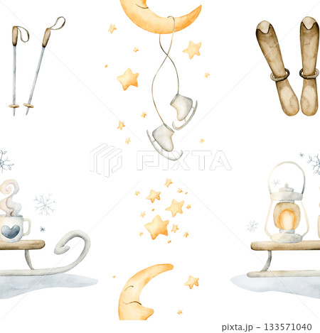 Sleigh, skis, ice skates, winter funs seamless pattern. Watercolor hand drawn illustration isolated on white background or cozy sport design Christmas card kids fabric holiday textile wrapping paper 133571040