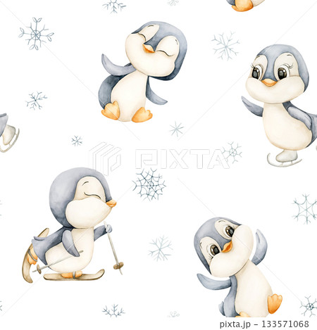 Cute Penguins Winter Fun Sports Seamless Pattern. Watercolor hand drawn illustration isolated on white background ski ice skates for north design Christmas holiday print baby cloth kids fabric nursery 133571068