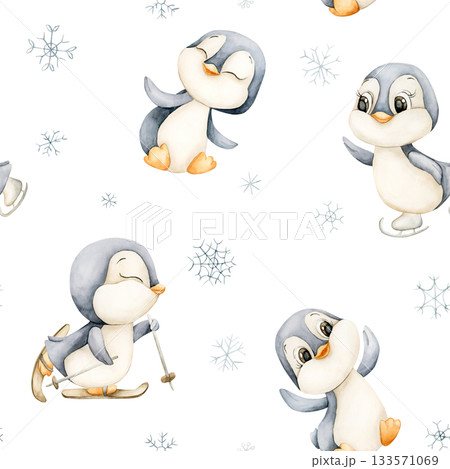 Cute Penguins Winter Fun Sports Seamless Pattern. Watercolor hand drawn illustration isolated on white background ski ice skates for north design Christmas holiday print baby cloth kids fabric nursery 133571069