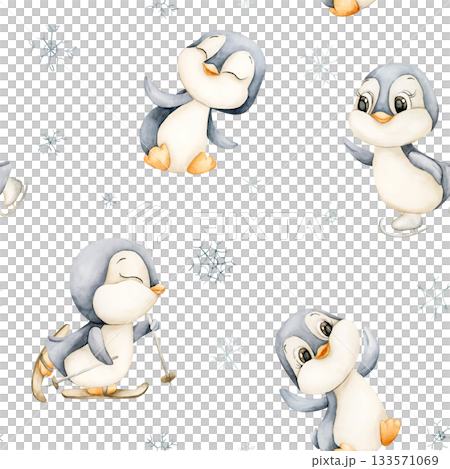 Cute Penguins Winter Fun Sports Seamless Pattern. Watercolor hand drawn illustration isolated on white background ski ice skates for north design Christmas holiday print baby cloth kids fabric nursery 133571069