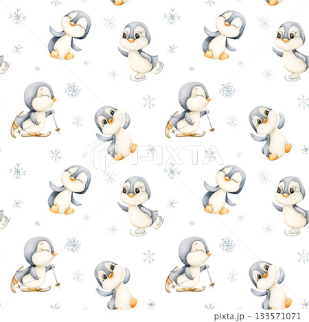 Cute Penguins Winter Fun Sports Seamless Pattern. Watercolor hand drawn illustration isolated on white background ski ice skates for north design Christmas holiday print baby cloth kids fabric nursery 133571071